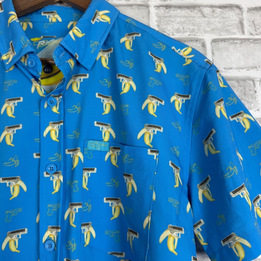 Retro Rifle Shirt Mens MEDIUM Organic Banana Hawaiian Tropical Blue Button Shirt